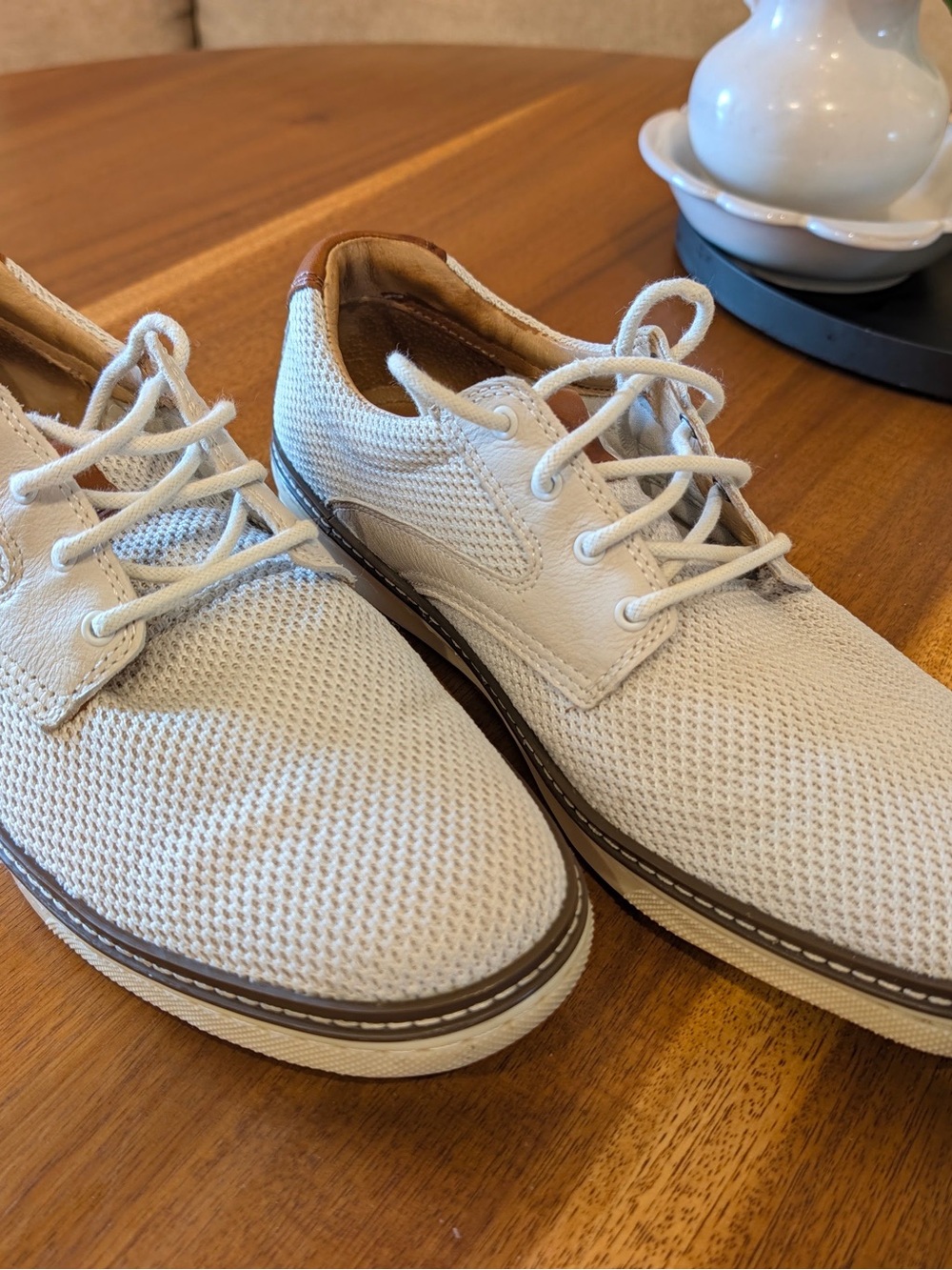 Johnston & Murphy Cream Knit Boat Shoes with Brown Trim